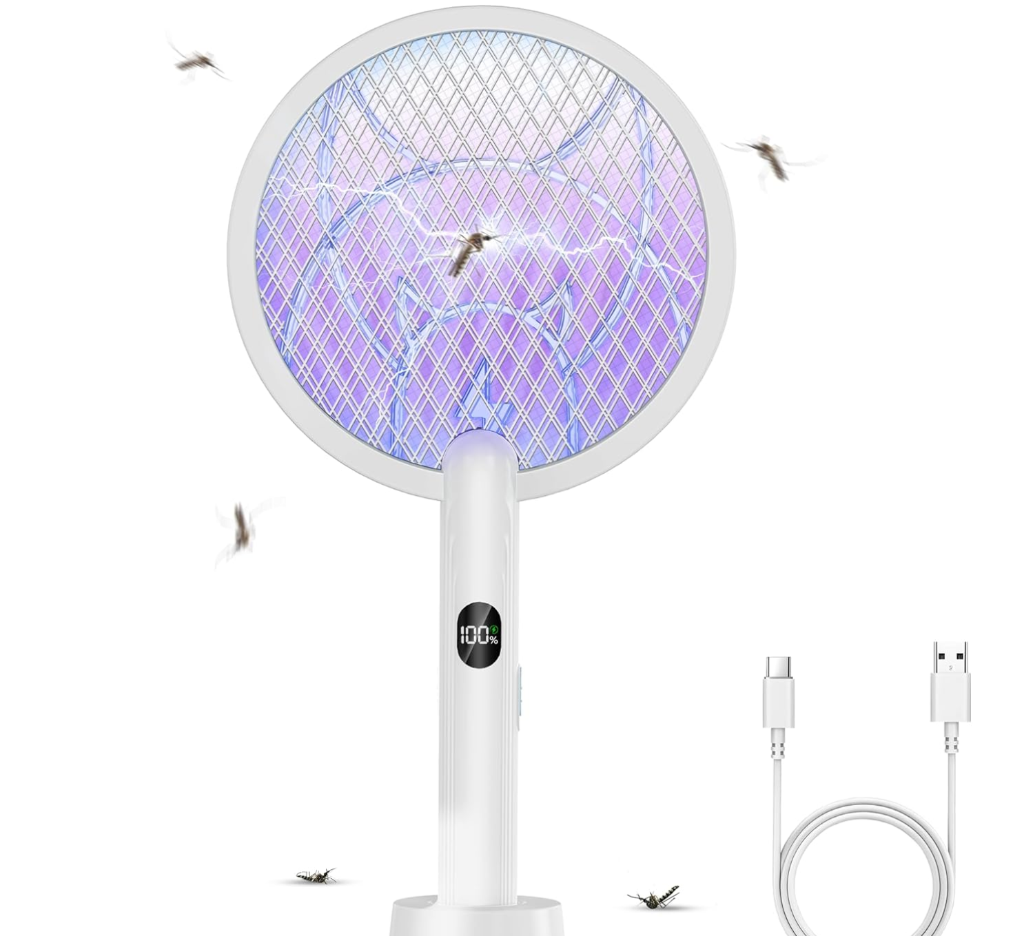 Electric Fly Swatter Racket, 2 in 1 Mosquito Bug Zapper 4100V Max Handheld Mosquito Killer with 1800 mAh Rechargeable Battery, Purple Light and 3-Layer Safety Mesh for Indoor Outdoor Grey